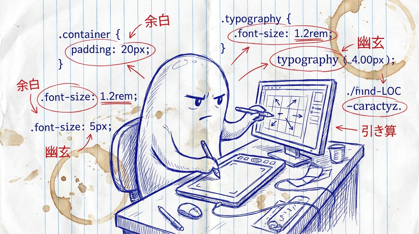ゆうれいちゃんがデザインデスクでCSSと格闘している図